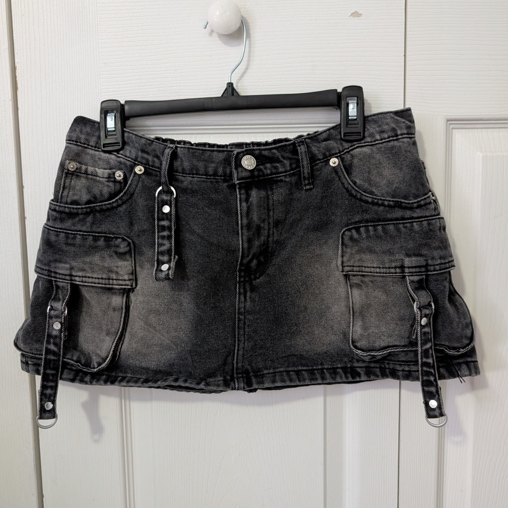 Edgy Black Denim Mini Skirt with Buckles